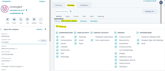 Hubspot Company Record - Activties